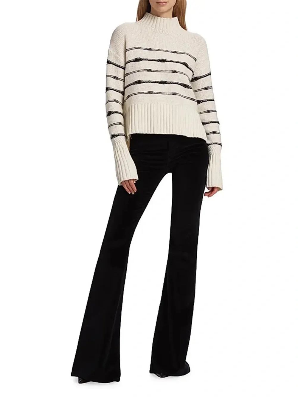 Veronica Beard Viori Cream & Black Striped Wool Mock Neck Sweater 25596